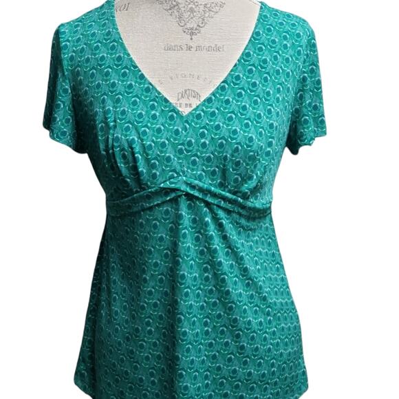 Daisy Fuentes Bohemian Green Print Short Sleeved Blouse - Shirt - Size PM - Picture 1 of 8